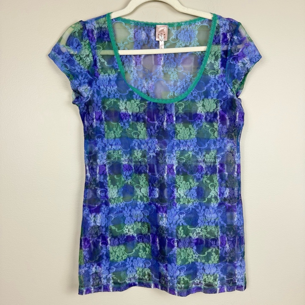 Fairy Whimsical Top Rue 21 Women XL Tie Dye Lace Sheer Green Blue Lace Shirt Y2K